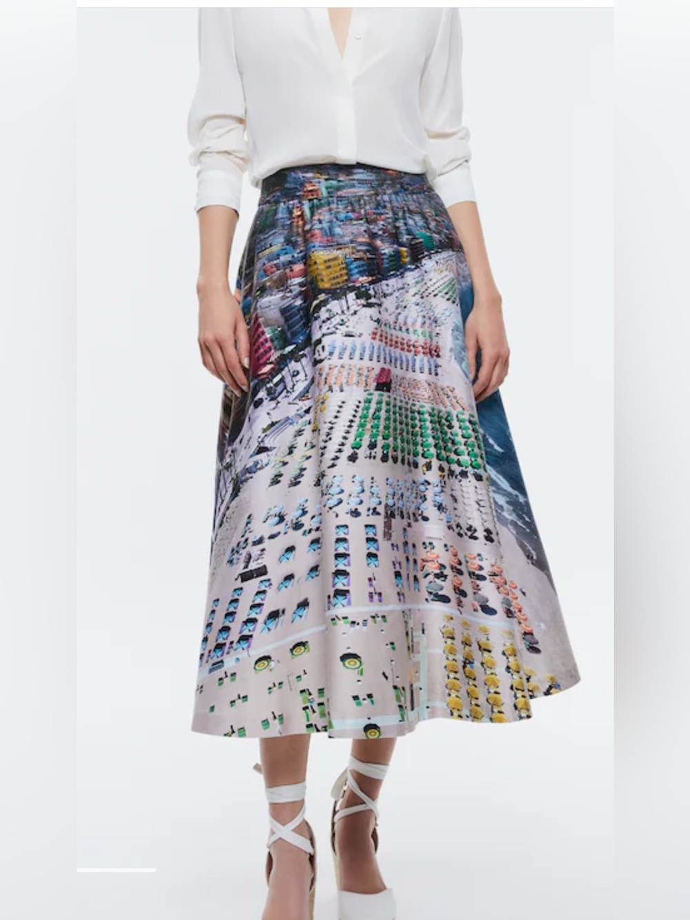 ALICE + OLIVIA Earla Whispering Waves Beach Print High Waist Midi Flare Skirt 8